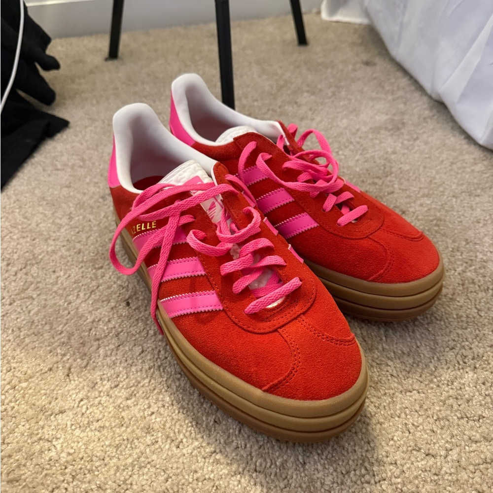 adidas Red Suede Sneakers with Pink Stripes